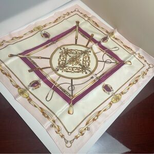 100% Silk Equestrian Print Square Scarf Pink Purple Gold
